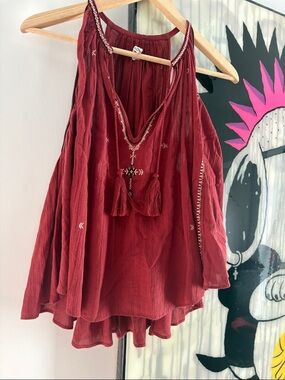 Isabel Marant embroidered rusty red 100% cotton Boho Tassel swing top.